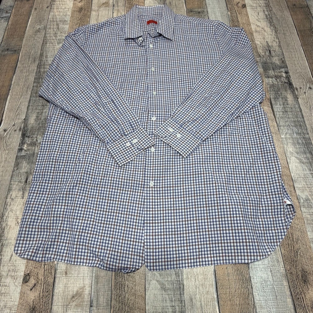 Isaia Dress Shirt Mens 2XL Blue Red‎ Check Handsewn Bespoke Italy Cotton Luxury